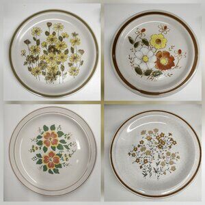 4-  Mismatched Stoneware Large 12" Plates, Serving Dishes Neutral Floral Retro